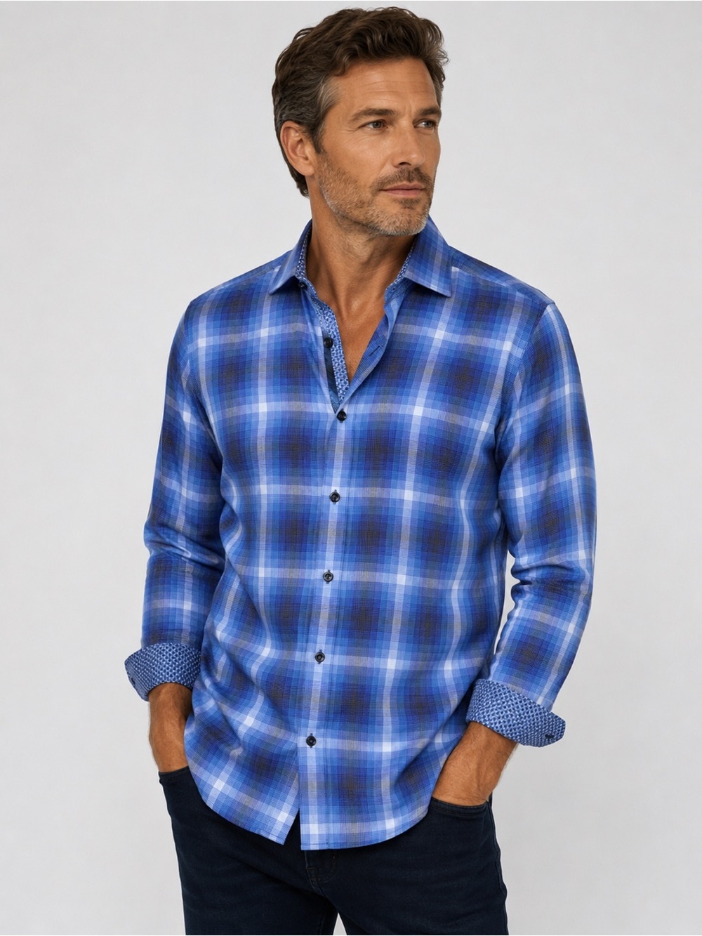Tailorbyrd Classic Fit Blue Plaid Long-Sleeve Button-Down Shirt-Large
